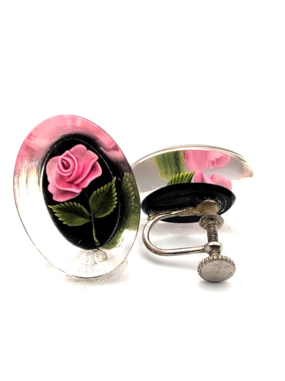 Vintage Reverse Carved Screw Back Earrings Pink Roses in Clear Lucite 2 cm VGC